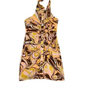 "NEW" Rue 21 Brown Swirl Print Button Front Halter Bodycon Dress Juniors Large